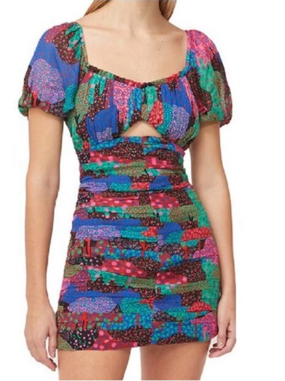 $475 RHODE CLARA COLORFUL PATCHWORK PLEATED MINI DRESS IN ENCHANTED WOODS